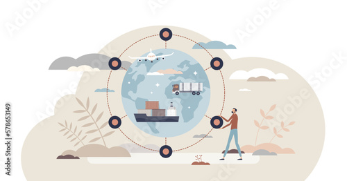 International distribution and global shipping service tiny person concept, transparent background. Freight cargo carrier company with worldwide export connections using air, sea.