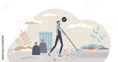 Janitor occupation as clean street from leaves or trash tiny person concept, transparent background. Outdoors trash collecting service with garbage cleanup workers illustration.