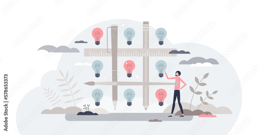 Smart idea and thinking with creative business approach tiny person concept, transparent background. Wise mind power and new innovative successful achievement finding as tic tac toe game.