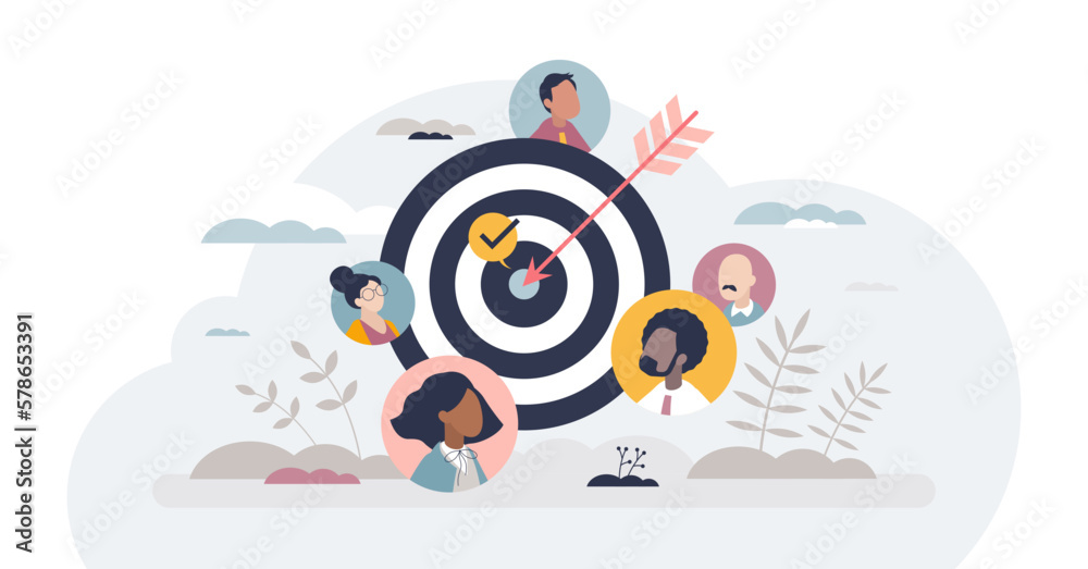 Target customer group and marketing activity audience tiny person concept, transparent background. Advertising project with precise communication and social focus accuracy illustration. - obrazy, fototapety, plakaty 