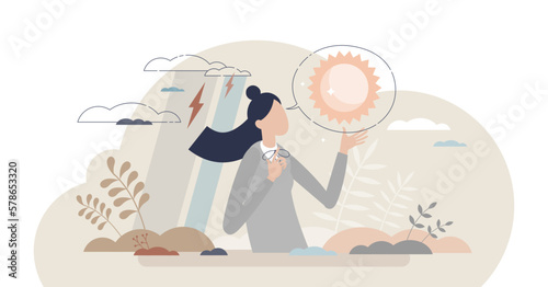 Positive thinking skill and happy mindset or brain attitude tiny person concept, transparent background. Joyful emotions about surroundings despite negative factors illustration.