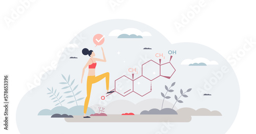 Testosterone hormone in female body as chemical element tiny person concept, transparent background. Molecular girls sex steroid produced in woman ovary, adrenal gland and fat cells illustration.