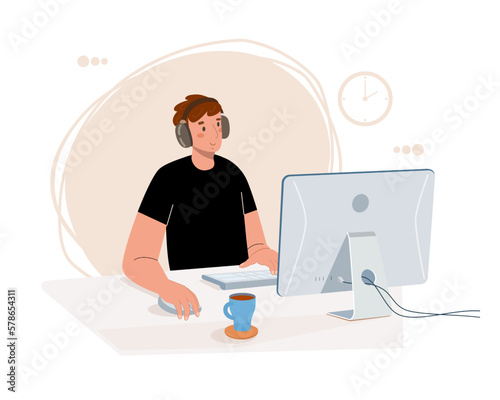 Young man in headphones sits at table in front of computer monitor, typing on keyboard. Concept of modern office of an analyst, financier, software developer, student. Vector illustration. 