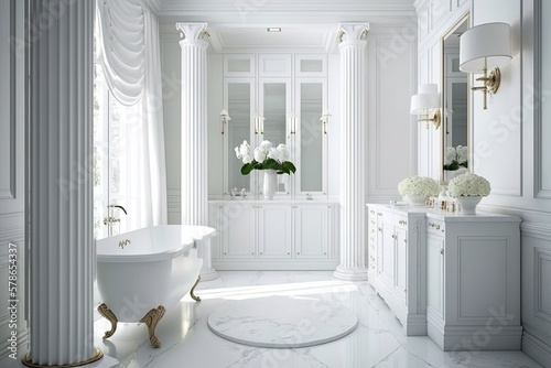 An elegant, all white bathroom that seems like a retreat. Generative AI
