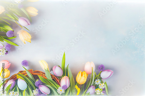 Background with copy space and flowers for women. , Pastel colors illustration top view Women's History Month banner. generative AI, generative, ai