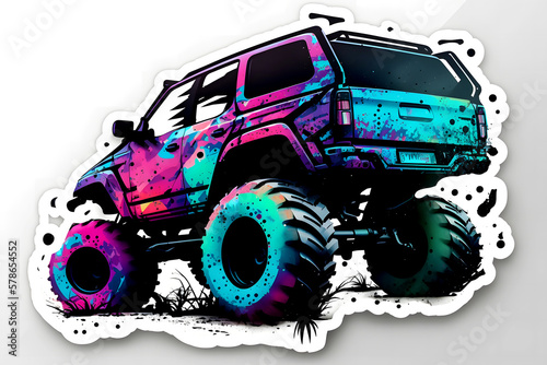 Monster truck sticker with multicolored paint splash. Neural network AI generated art