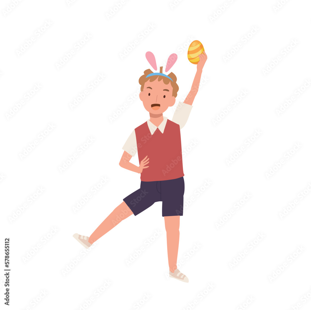 Happy Easter Day. Little boy with bunny ears is happy to found an Easter egg. Flat style vector illustration. Happy Easter Day. Little boy with bunny ears is happy to found an Easter egg. Flat style vector illustration.