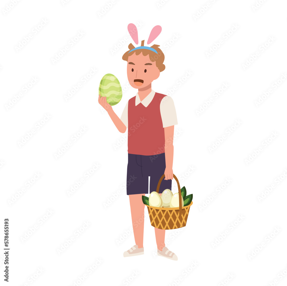 Happy Easter Day. Little boy with bunny ears holding an easter egg and a basket in other hand. Flat style vector illustration. Happy Easter Day. Little boy with bunny ears holding an easter egg and a basket in other hand. Flat style vector illustration.