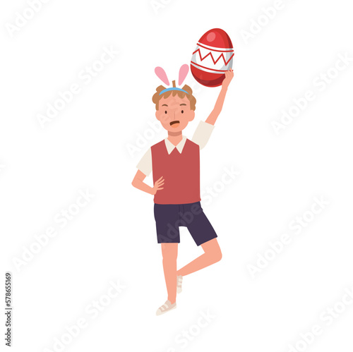 Happy Easter Day. Little boy with bunny ears is happy to found a Big Easter egg. holding big easter egg upper head. Flat style vector illustration.