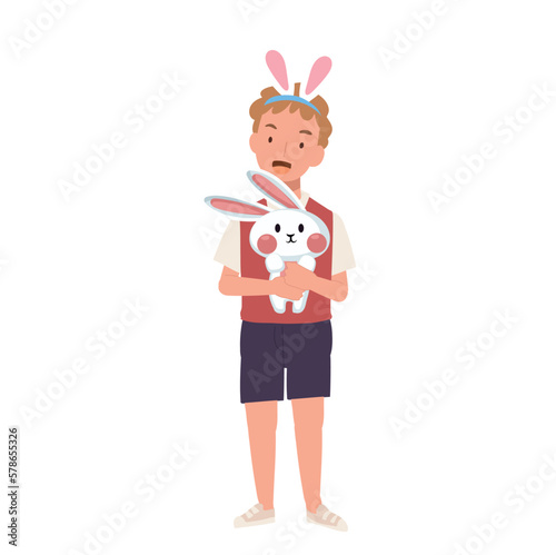 Happy Easter Day. Little boy with bunny ears is holding hugging an adorable bunny. Flat style vector illustration.