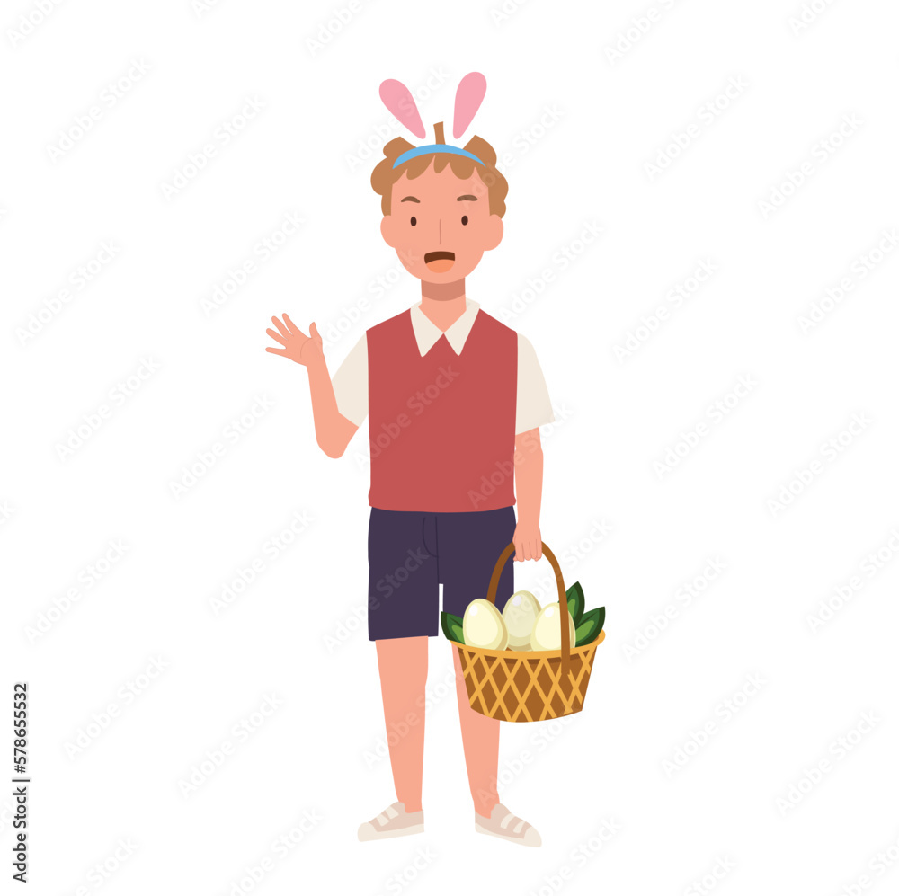 Happy Easter Day. Little boy with bunny ears showing fully basket from hunting an easter egg. Flat style vector illustration. Happy Easter Day. Little boy with bunny ears showing fully basket from hunting an easter egg. Flat style vector illustration.