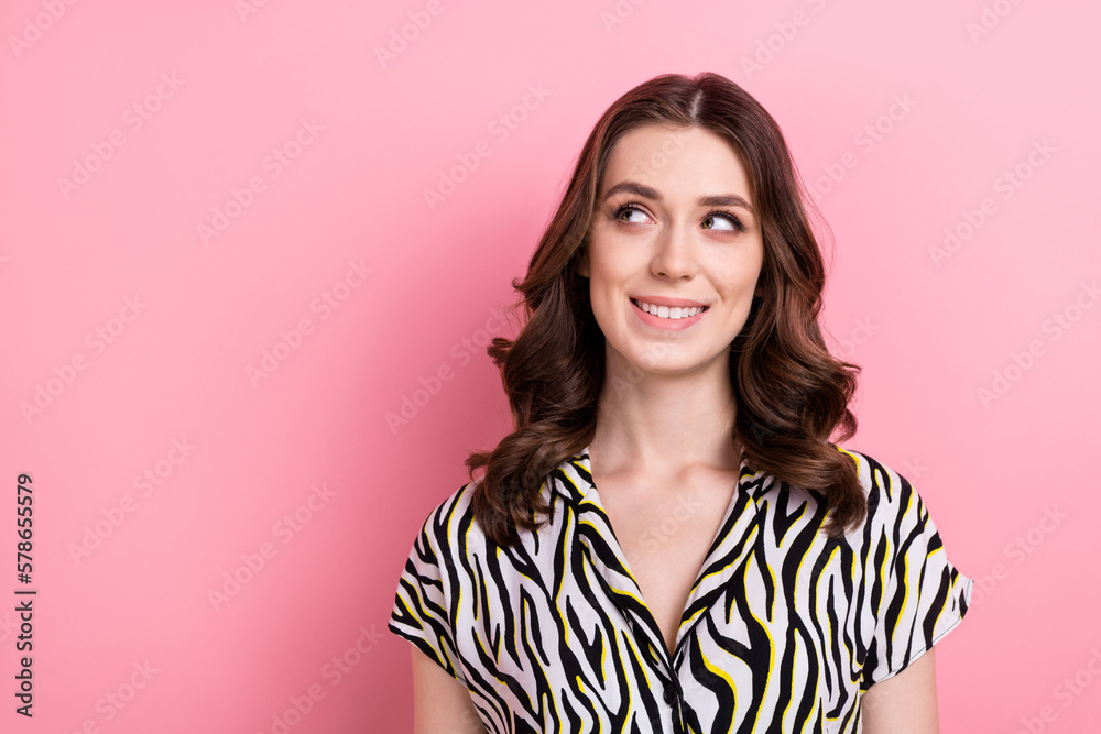 Closeup portrait of dreaming cute stunning gorgeous woman brown wavy hairstyle wear stylish zebra print look mockup isolated on pink color background Closeup portrait of dreaming cute stunning gorgeous woman brown wavy hairstyle wear stylish zebra print look mockup isolated on pink color background
