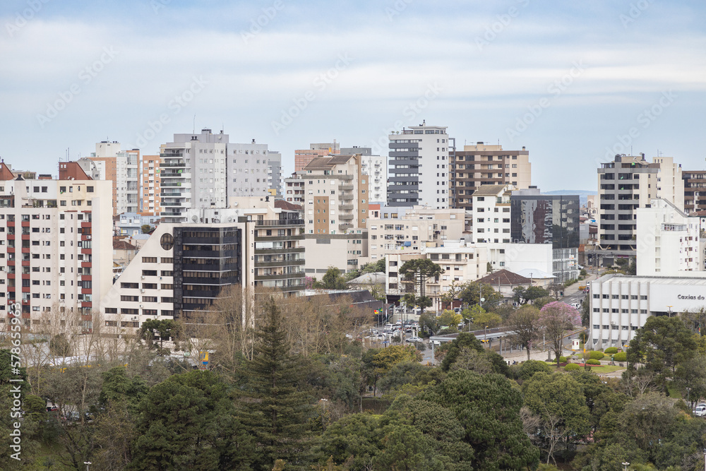 View of Caxias do Sul city center with Macaquinhos Park and tall buildings; Rio Grande do Sul, Brazil