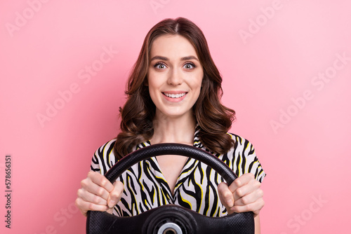 Photo of cute cheerful person beaming smile hands hold wheel isolated on pink color background