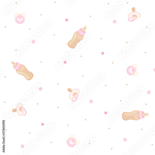 Baby seamless pattern with baby nipples and bottle, baby illustrations, light beige and pink colors, vector 