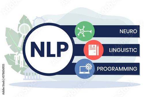 Neuro-linguistic programming NLP vector illustration concept wit icons and keywords. Vector infographic illustration for presentations, sites, reports, banners