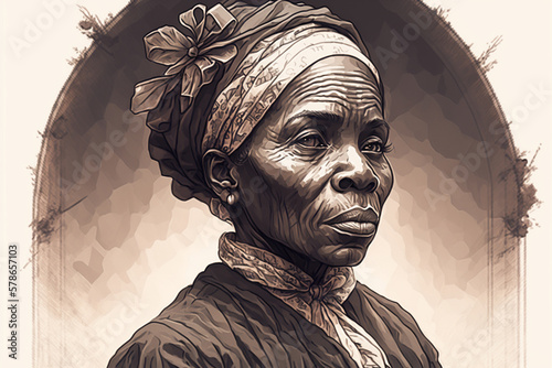 Women's history month | An intricately detailed drawing of Harriet Tubman, featuring delicate lines and shading that capture the complexity of her character and the challenges she faced. Ai