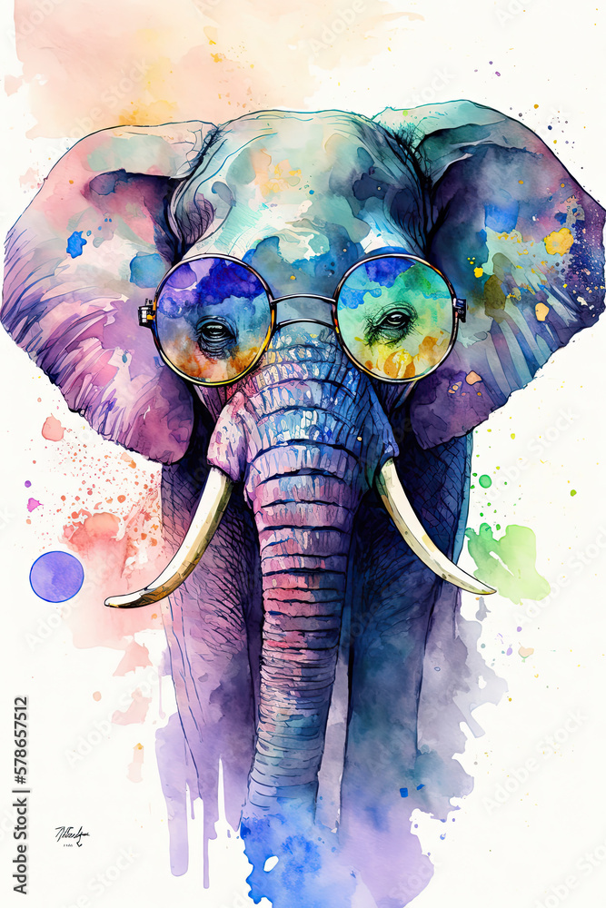 Obraz premium Elephant wearing sunglasses, Psychedelic Illustration. Generative AI