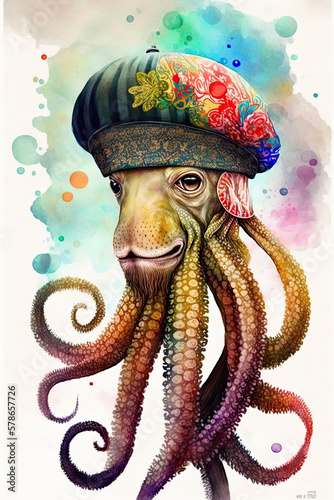 Octopus wearing Beret, Psychedelic Illustration. Generative AI