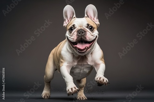 a lovely French bulldog smiling to the camera in a studio. Concept: Adorable dogs posing. Generative ai