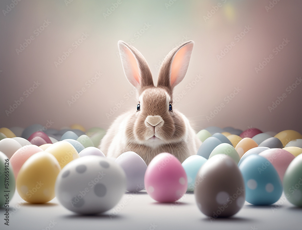 simpatico coniglietto pasquale  in mezzo a piccole  uova di pasqua in toni pastello, sfondo neutro,, biglietto augurale, intelligenza artificiale  - obrazy, fototapety, plakaty 