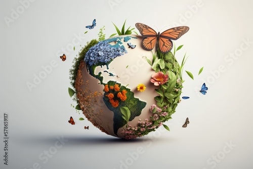 Earth day background with flowers and butterfly, World environment day concept. Generative Ai