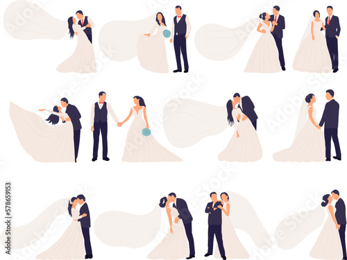 set of bride and groom in flat style isolated vector