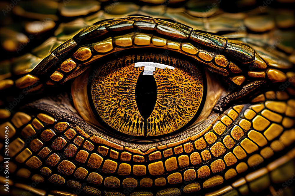 Extreme close-up of crocodile eye. Generative AI.
