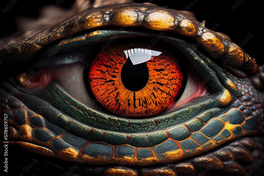 Extreme close-up of crocodile eye. Generative AI.