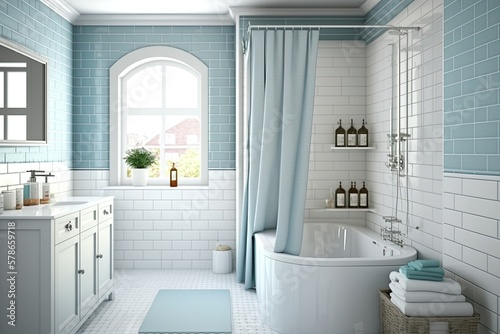 Decorating a bathroom in white and blue with a glass shower enclosure  a niche shelf  a tub with a curtain  a side table  and tiling. An image of a contemporary dwelling. Generative AI