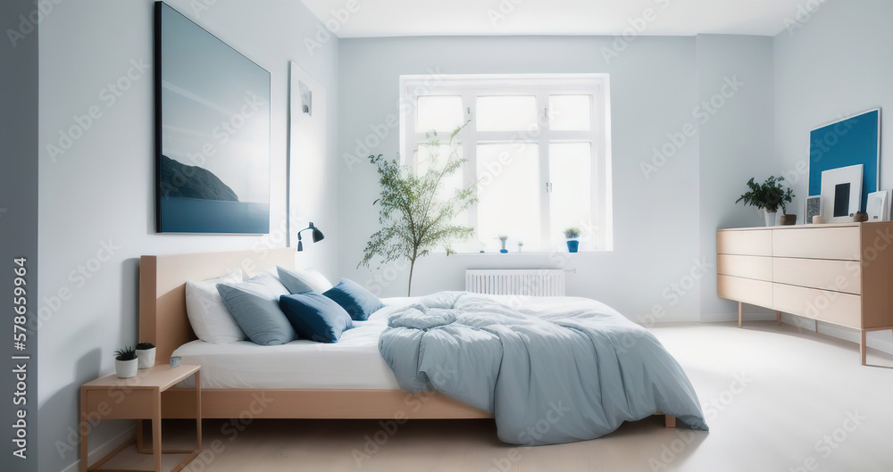 Fototapeta premium Modern stylish Scandinavian living space design in a minimalist interior. Soft light colors. Generative AI.