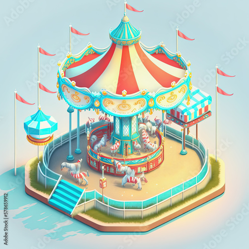 Cartoon isometric carousel merry go round, amusement park. Generative © lermont51
