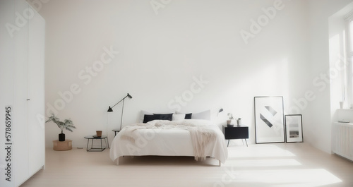 Modern stylish Scandinavian living space design in a minimalist interior. Soft light colors. Generative AI. © Mountains Hunter