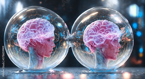 Artificially grown biomechanical human brains in glass jars for artificial intelligence and androids and machine learning. Digital workart illustration. Ai generative photo
