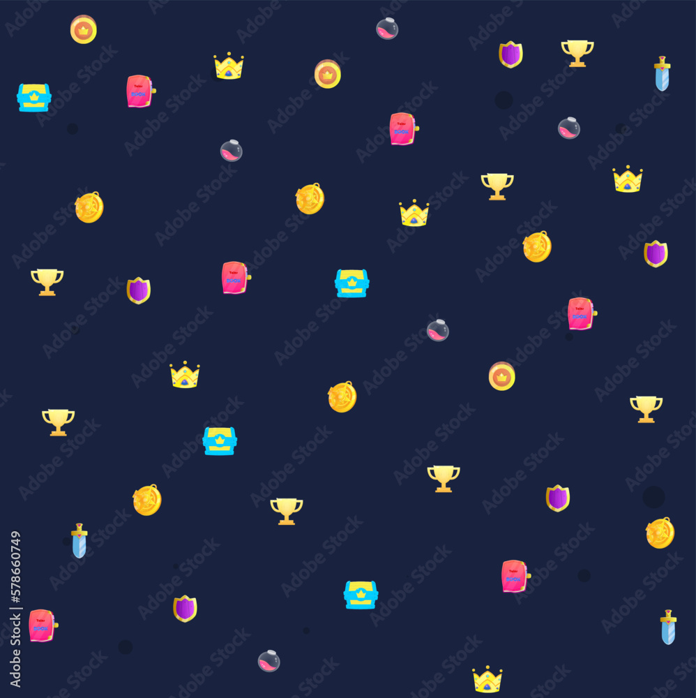 Fantasy Pattern Artefacts Chest Win Cup Compass Shield Book Bottle Crown Coin Sword Trophy Treasures Armor Vector Design Cartoon Colorful Fantasy Pattern Artefacts Chest Win Cup Compass Shield Book Bottle Crown Coin Sword Trophy Treasures Armor Vector Design Cartoon Colorful