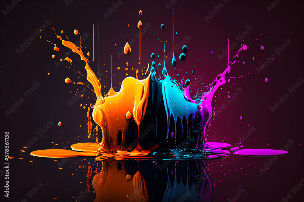 Vibrant orange, blue, and purple gradient splatter 3d illustration.  Abstract dynamic paint splash with reflection on dark background. Generated  AI Stock Illustration