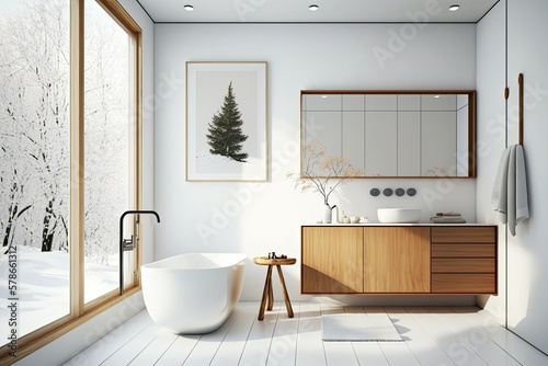 Mid century contemporary and minimalist bathroom with white walls  a white bathtub  and a white walled  wooden medicine cabinet. Soft  warm  and inviting bathroom. Generative AI