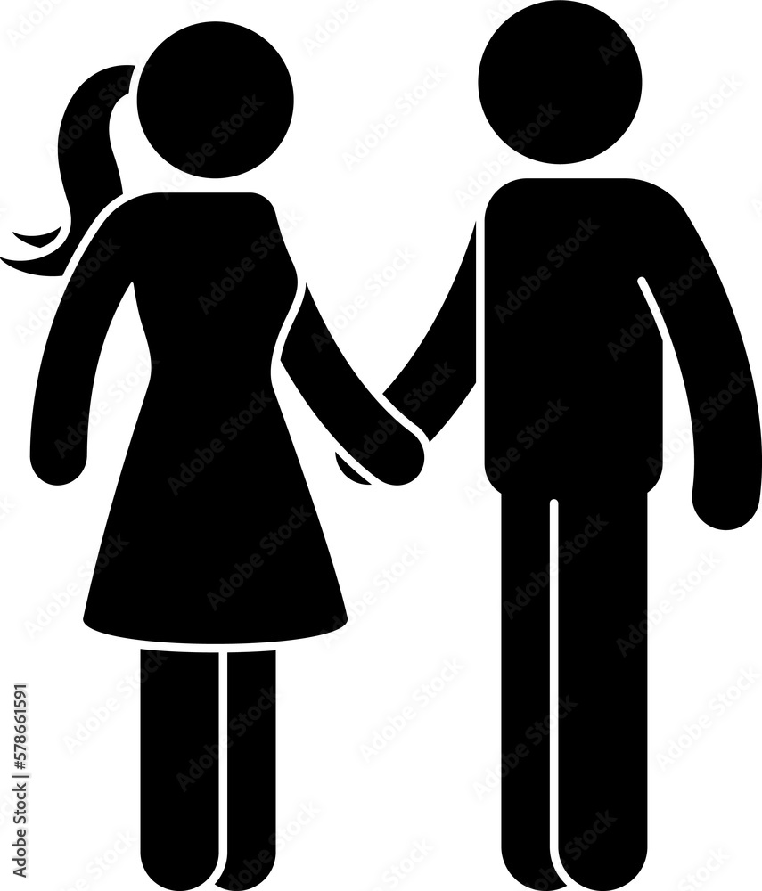 Young romantic stick figure date couple holding hands icon. Black and white illustration silhouette pictogram Young romantic stick figure date couple holding hands icon. Black and white illustration silhouette pictogram