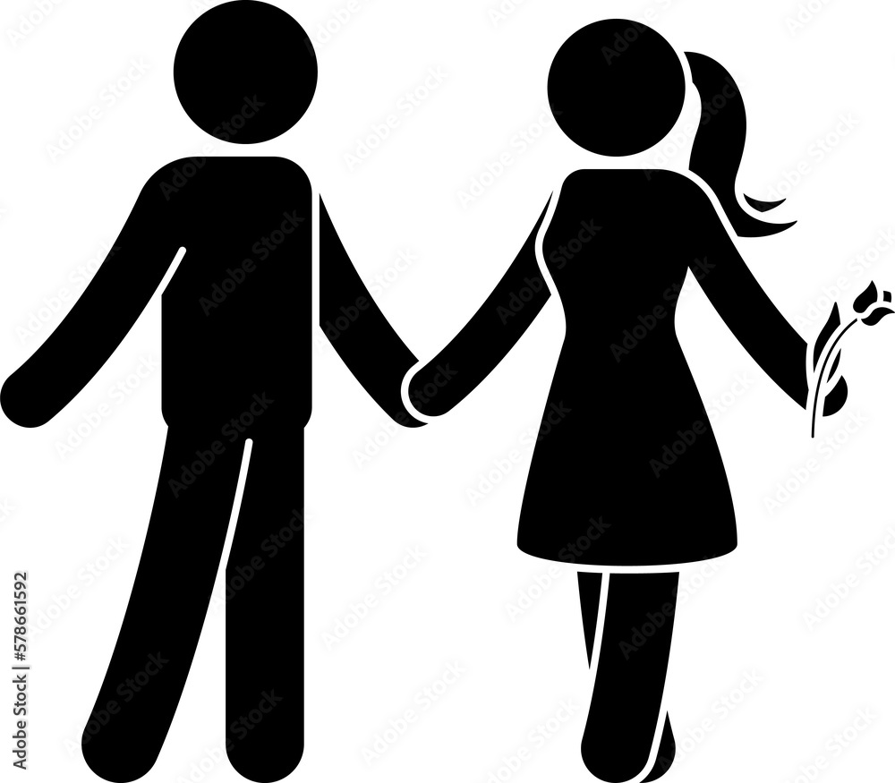 Romantic stick figure couple in love holding hands icon. Black and white illustration silhouette pictogram