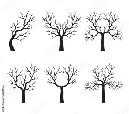 Shape of Old Black Tree without leaves. Vector outline Illustration. Plant in Garden.