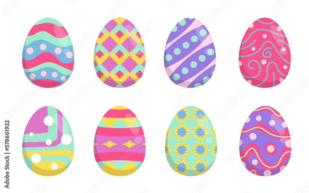 Happy Easter. Set Easter eggs with different texture on a white background. Spring holiday. Happy Easter. Set Easter eggs with different texture on a white background. Spring holiday.