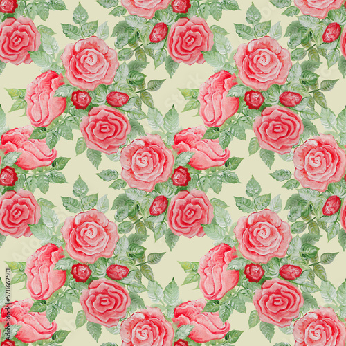 Fotografie Seamless pattern with delicate pink roses painted in gouache on a gray background