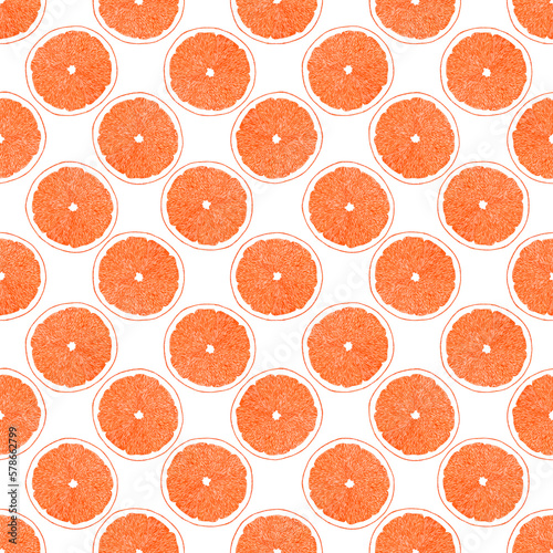 Hand drawn watercolor orange slices seamless pattern on white background. Scrapbook, post card, textile, fabric.