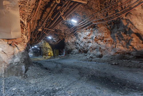 Deep dark tunnel of underground diamond mine.