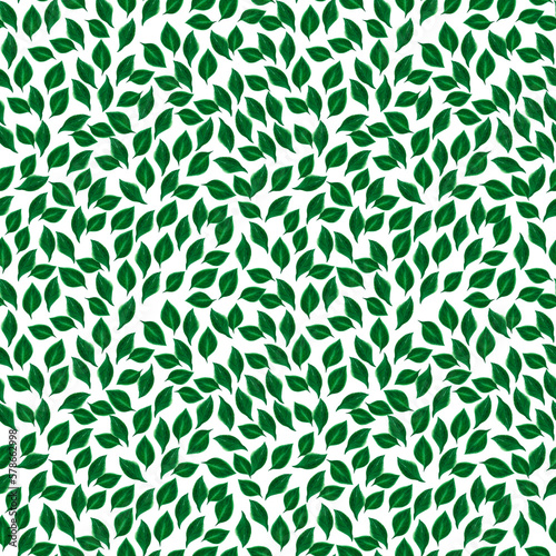 Hand drawn watercolor green leaves seamless pattern on white background. Scrapbook, post card, textile, fabric.