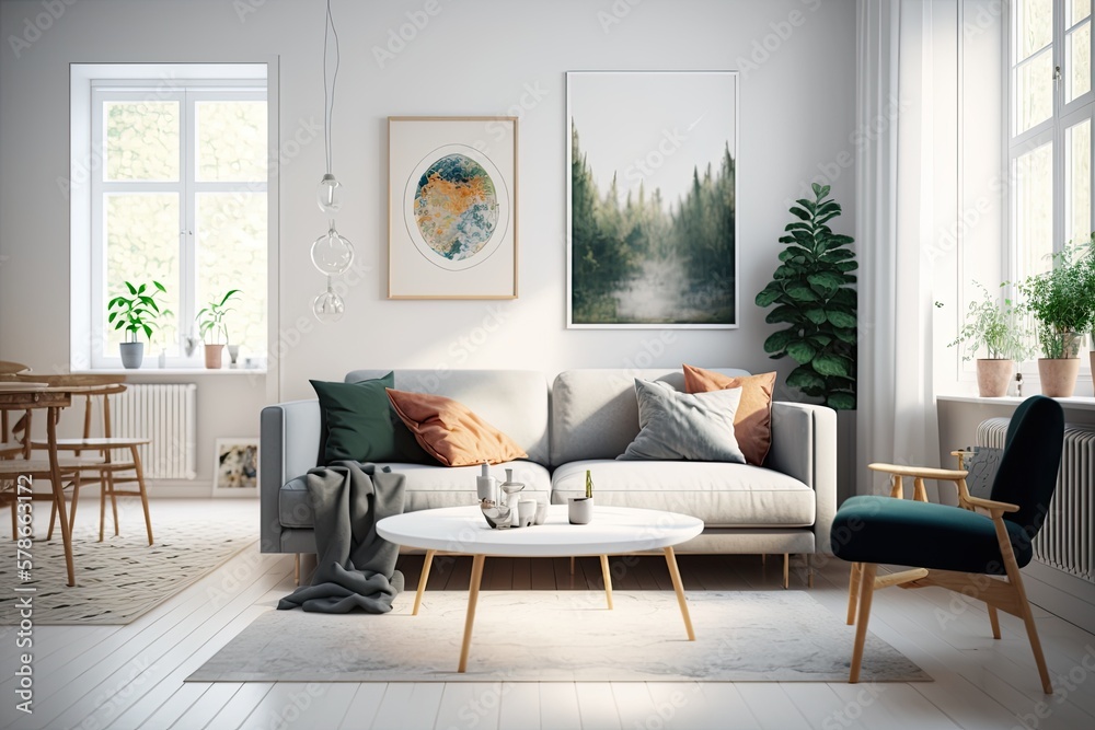 Fototapeta premium A sofa, light, and white walls make for a bright and cozy modern living room. Generative AI