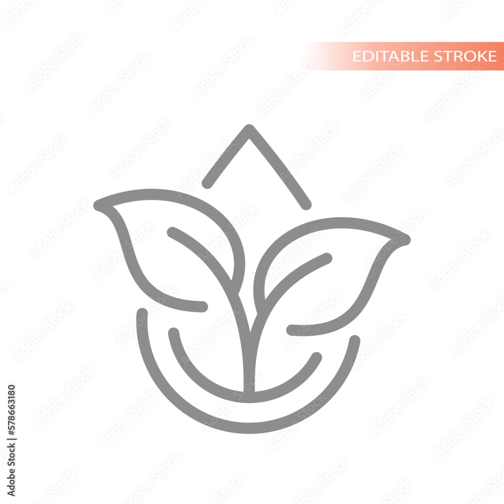 Fototapeta premium Drop of oil and leaves, natural line vector icon. Vegetable, organic essential or cooking oil with leaf and droplet symbol.