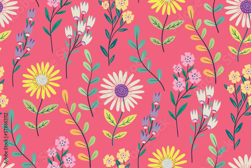 Seamless floral pattern, cute botanical print with isolated plants. Pretty flower design with hand drawn wild botany: large chamomiles, small flowers on branches, leaves on a pink background. Vector.