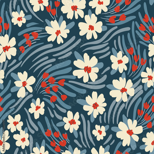 Seamless floral pattern, cute ditsy print with painted meadow. Simple botanical design with small hand drawn plants: pretty flowers, grass, leaves on a blue background. Vector illustration.