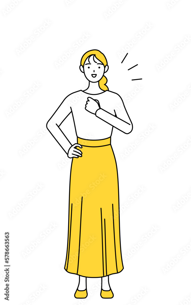 胸を叩くカジュアルな格好をした若い女性 胸を叩くカジュアルな格好をした若い女性